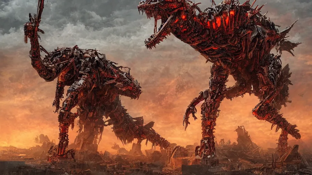 Image similar to high quality art of a giant mechanized dragon in an apocalyptic future, made of plates and armor throughout the body, having 4 limbs and 4 talons on each foot, and glowing fiery red eyes, climbing over a destroyed building in a hazy radioactive atmosphere, roaring with an epic pose into the air as the building crumbles under the weight, showing lots of sharp teeth. furaffinity, deviantart, artstation, high quality