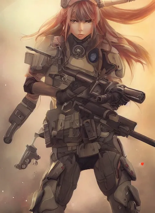 Prompt: of a beautiful sniper girl in war, with futuristic gear and helmet, portrait by nina masic and ross tran and miho hirano, detailed, epic video game art, warm color tone