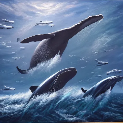 Prompt: an modern hyperrealistic painting of helicopters flying underwater around a big whale