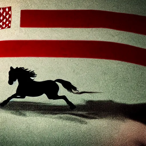 Prompt: smoke figure of horse running, usa flag in background, octane render, dramatic, cinematic, hyper realistic,