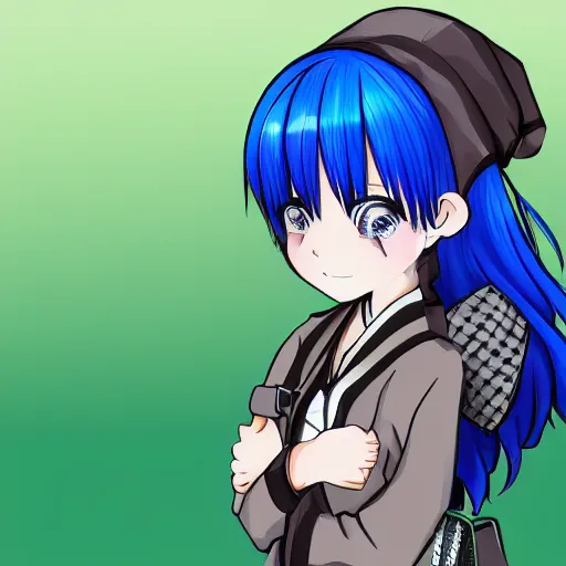 Prompt: girl with blue hair, green eyes, japanese student\'s outfit, carrying a purse, chibi art style, detailed, smiling