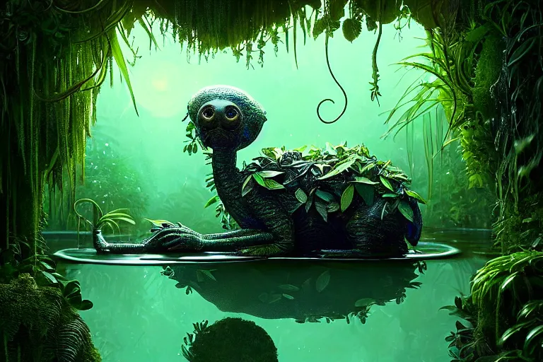 Image similar to cute creature in a lush vegetation, water reflection, night, bioluminescent : : by michal karcz, daniel merriam, victo ngai and guillermo del toro : : ornate, dynamic, particulate, intricate, elegant, highly detailed, centered, artstation, smooth, sharp focus, octane render, 3 d