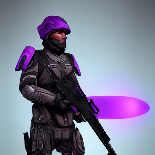 Prompt: vanu soldier, tall, helmet, purple and black clothes, heavy gun, full body, full portrait