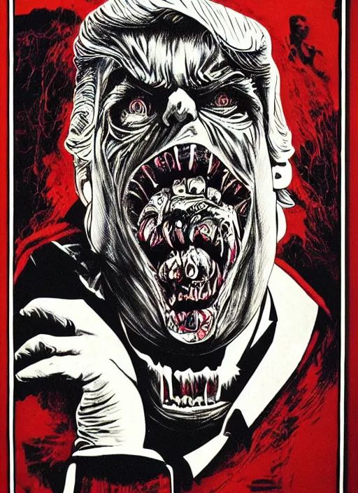 Image similar to Donald Trump's disgusting true form on a 1990s horror movie poster, inking, vintage 90s print, detailed, scary, horror, screen print, trending on artstation