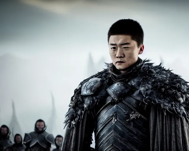 Image similar to justin sun as night king in game of thrones with giant crimson - black bees, 4 k, epic, cinematic, focus, movie still, fantasy, extreme detail, atmospheric, dark colour, sharp focus