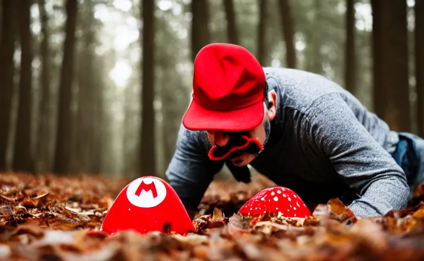 Image similar to italian man with a mustache dressed as mario wearing a solid red mario hat, crawling on the ground, excited face, eyes rolled back, drooling, licking a red mushroom with white spots, in a forest, photography, 5 0 mm lens, f 1. 8