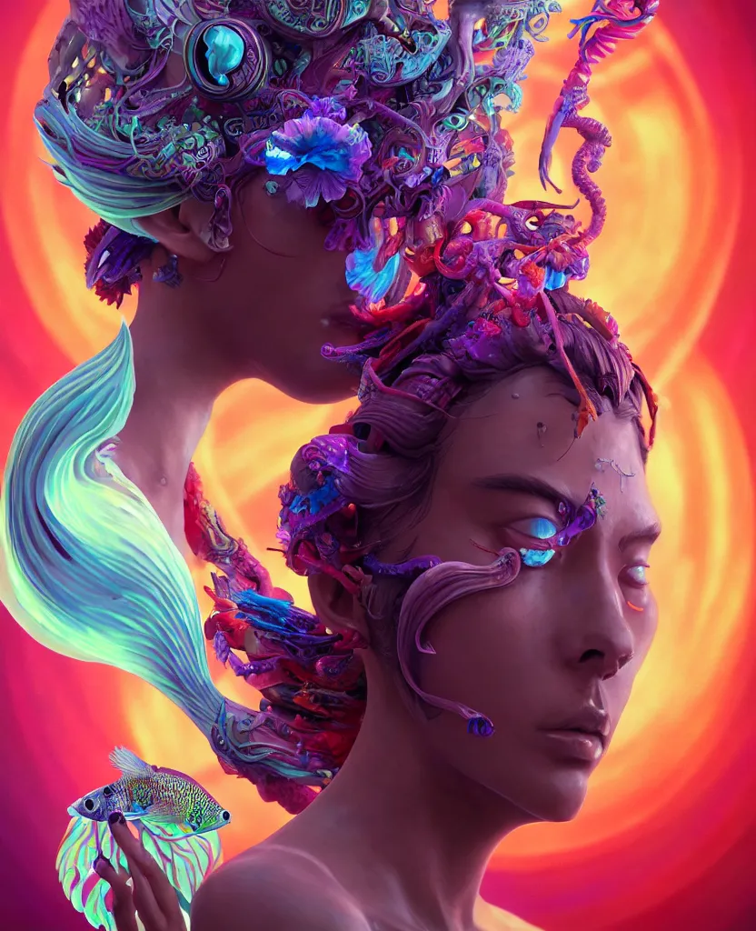 Image similar to goddess full color painted acryllic sculpture close-up portrait. orchid bird phoenix head, nautilus, skull, betta fish, bioluminiscent creatures, intricate artwork by Tooth Wu and wlop and beeple. octane render, trending on artstation, greg rutkowski very coherent symmetrical artwork. cinematic, hyper realism, high detail, octane render, 8k