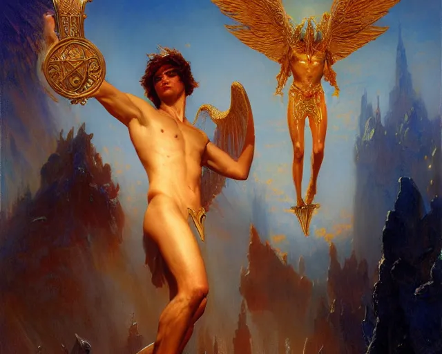 Image similar to attractive pagan male deity, summoning handsome lucifer morning star. highly detailed painting by gaston bussiere, craig mullins, j. c. leyendecker 8 k