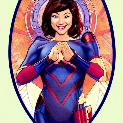 Prompt: portrait of beautiful journalist alex wagner smiling, with bob hairstyle, as a marvel superhero, by ross tran, mucha, moebius, manara, wlop, mucha, hd, beautiful, glamorous, award winning, 4 k