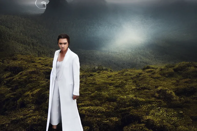 Image similar to a cinematic portrait of a beautiful middle aged woman wearing futuristic white suit on the top of a mountain, overlooking a vast serene forest, large diffused light, neon light, 4 k, ultra realistic, dramatic lighting, rain, clouds, fog, vogue, fashion, glamour, magazine spread, by marco mazzoni and jessica rossier