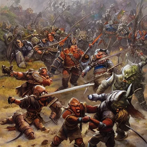 Prompt: DnD dwarves fighting goblins. Epic painting by james gurney.