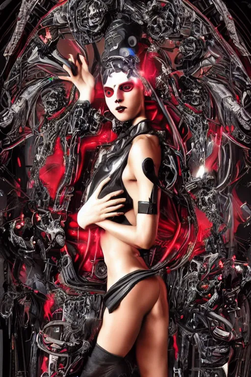 Image similar to full-body cyberpunk style sculpture of a young beautiful dark priestess, half android with a head opening exposing circuitry, glowing red eyes, black roses, flowing blood red colored silk, fabric, candles. baroque elements, human skull. full-length view. baroque element. intricate artwork by caravaggio. crows flying in background. Trending on artstation, octane render, cinematic lighting from the right, hyper realism, octane render, 8k, depth of field, 3D