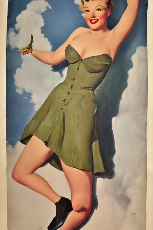 Image similar to a portrait one full body pin up post war dressing a military unioform,garden backgound Gil Elvgren style,center composition,anatomic correct