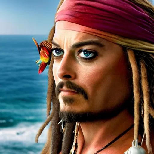 Image similar to margot robbie as jack sparrow with a parrot on the shoulder, realistic portrait, 8k resolution, hyper detailed, studio lighting, cinematic