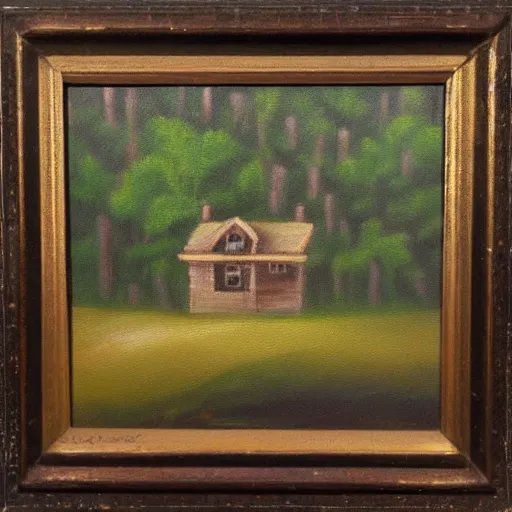 Prompt: oil painting of a small house in the middle of a forest