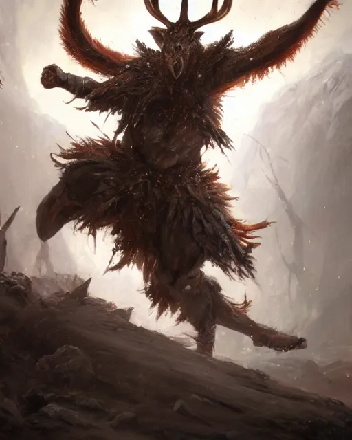 Image similar to oil painting of Angry Anthropomorphized Deer Berserker, wearing fur armor, claws, sharp focus, attack pose, fantasy style, octane render, volumetric lighting, 8k high definition, by greg rutkowski, highly detailed, trending on art Station, magic the gathering artwork, burning Battlefield background, centered