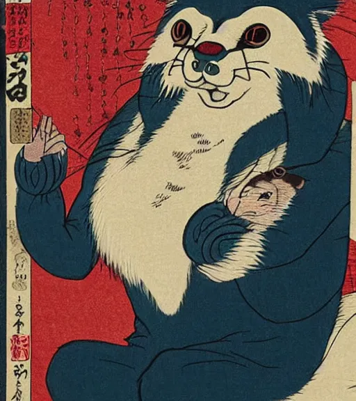 Image similar to ukiyo-e ukiyoe portrait of furry anthro anthropomorphic badger head animal person fursona wearing clothes sitting in a living room