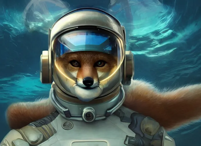 Prompt: An anthropomorphic fox as a retrofuturistic astronaut, helmet with led lights, underwater in the ocean at night, clear water, volumetric lighting, glowing lights, 4k, octane, digital painting, artstation, concept art, cinematic film, sharp focus, illustration, art by artgerm and greg rutkowski and alphonse mucha , wide angle view,