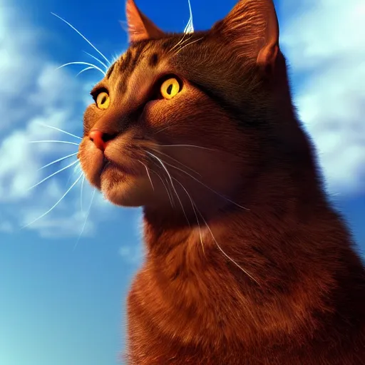 Prompt: a beautiful lady cat creature is hoping for a better future. close - up, beautiful sky, volumetric lighting, sharp focus, ultra detailed, cgsociety - w 1 0 2 4 - n 8 - i