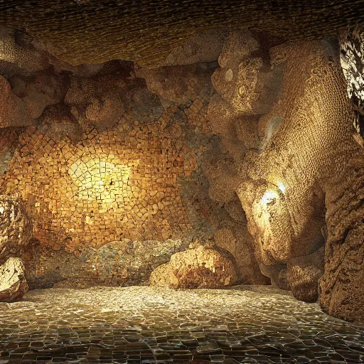 Prompt: natural cave with ancient roman mosaic of rough see with huge waves, stylised, minimal, octane, dynamic light w 1 0 2 4