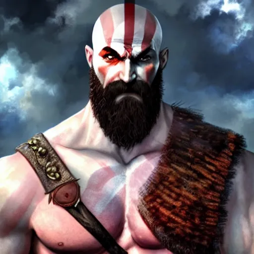 Prompt: kratos from god of war with an afro and a giant mustache, digital painting masterpiece, gorgeous brush strokes, advanced lighting technology, realistic face and anatomy, by shigenori soejima