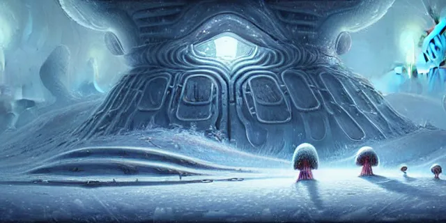 Prompt: painting artic snow covered alien mushroomlabyrinth consuming futuristic mega city from blade in the style of nebulapunk by tomasz alen kopera and daniel lieske with futuristic castle by simon stahlenhag