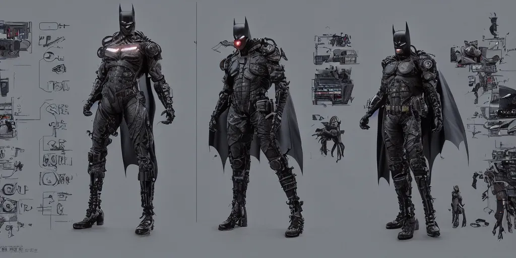 Prompt: cyberpunk batman, character sheet, concept design, contrast, hot toys, kim jung gi, greg rutkowski, zabrocki, karlkka, jayison devadas, trending on artstation, 8 k, ultra wide angle, pincushion lens effect