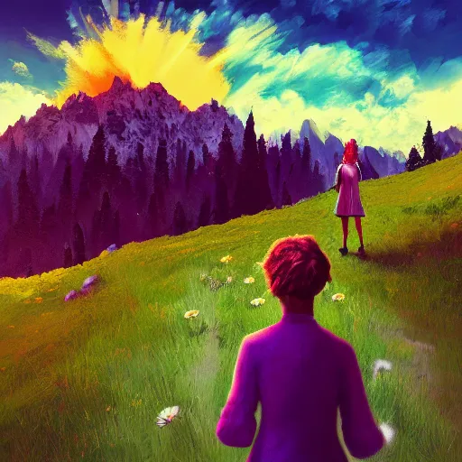 Image similar to giant daisy flower head, girl hiking in the mountains, surreal photography, sunrise, dramatic light, impressionist painting, colorful clouds, digital painting, artstation, simon stalenhag