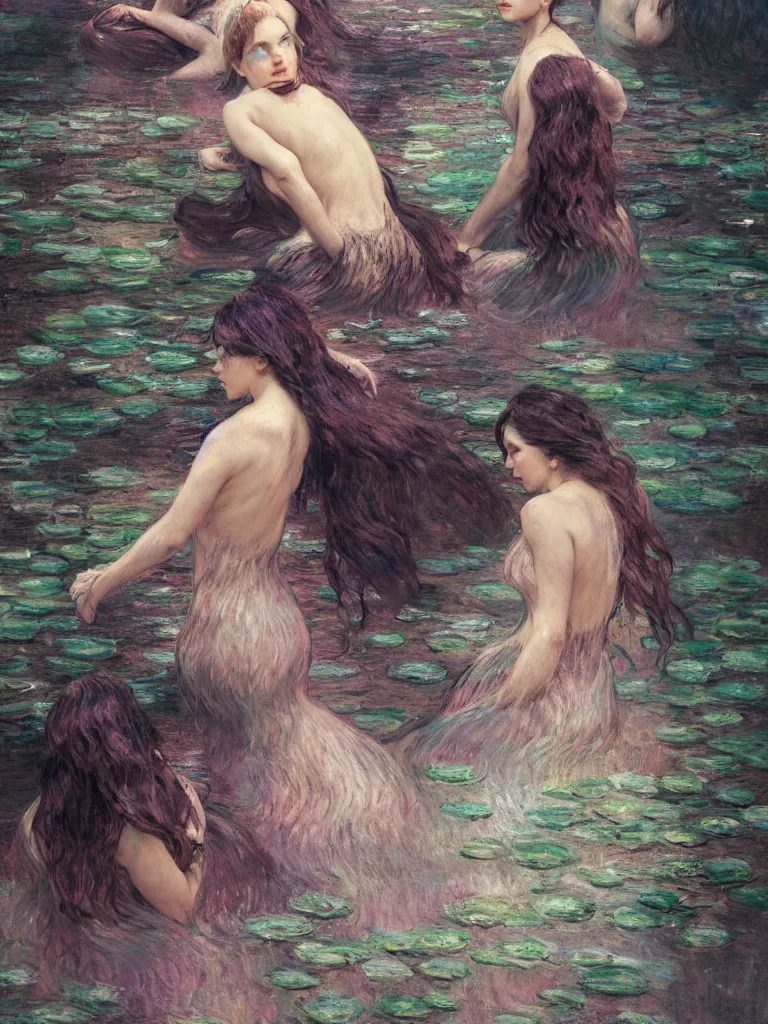 Image similar to illustration studio portrait of three dark beautiful mermaids female energy in artistic poses in the river at the forest, monet painterly motives and textures pattern, hyper detailed, octane render, vivid colors, artstation, by jeremy mann, by alphonse mucha, by monet