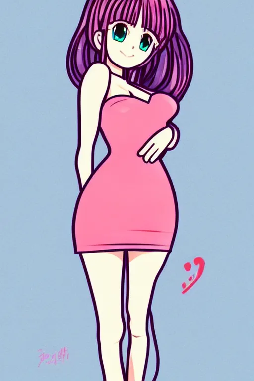 Prompt: full length illustration of very beautifully female looking like cute anime with amazing body figure, wearing tight dress, highly detailed face, pop art,