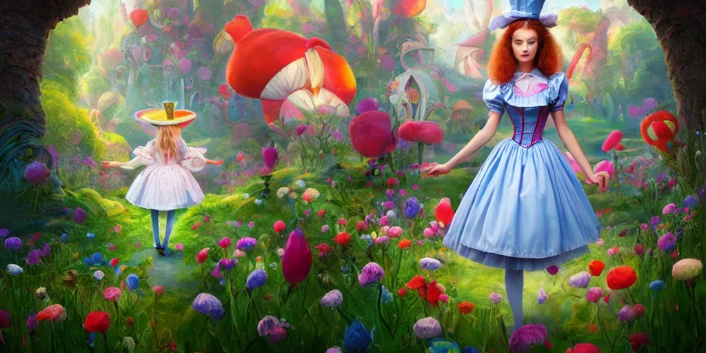 Image similar to Alice, Alice in wonderland, colorful, wide angle, super highly detailed, professional digital painting, artstation, concept art, smooth, sharp focus, no blur, no dof, extreme illustration, Unreal Engine 5, Photorealism, HD quality, 8k resolution, cinema 4d, 3D, beautiful, cinematic, art by artgerm and greg rutkowski and alphonse mucha and loish and WLOP