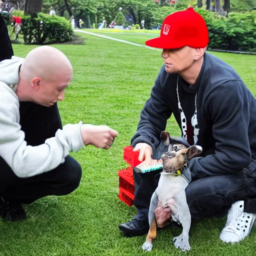 Image similar to Eminem and a dog plays with Lego at Central park