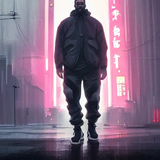 Image similar to A broad shouldered, large man in a techwear outfit, Acronym P31-ds pants, high quality, digital art, dire cyberpunk city, gray sky, neon signs in background, greg rutkowski