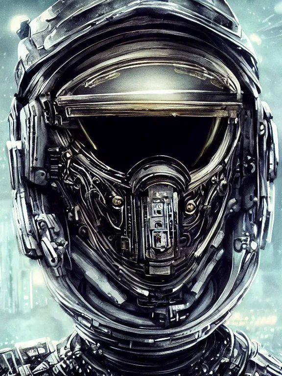 Image similar to portrait art of 8k ultra realistic retro futuristic undead astronaut , galaxy reflected helmet , detailed intricate ornate armour,blade runner, cybernetic, full of colour, cinematic lighting, battered, trending on artstation, 4k, hyperrealistic, focused, extreme details,unreal engine 5, cinematic, masterpiece, art by ayami kojima, giger