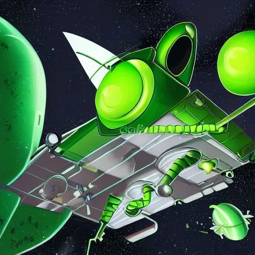 Image similar to a cute green caterpillar spinning a chrysalis inside a space station, sci-fi illustration