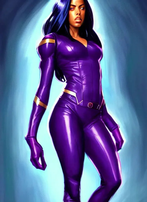 Image similar to full body portrait of marvel cinematic universe aaliyah haughton, x - men, psylocke, x - men apocalypse, elegant, super hero, purple outfit, highly detailed!! digital painting, artstation, glamor pose, concept art, sharp focus, illustration, art by artgerm and greg rutkowski, artey freytag