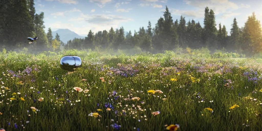 Image similar to chrome blob hovering over a meadow daylight flowers wildlife photorealistic wonderful render unreal ultrawide