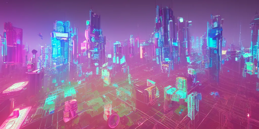 Image similar to multicolor 3d render of cyberpunk city of the future by @beeple_crap created at future in 4k ultra high resolution, with depressive feeling