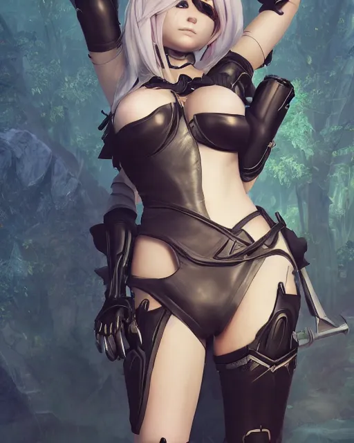 Prompt: full body league of legends portrait of 2 b nier automata, au naturel, hyper detailed, digital art, trending in artstation, cinematic lighting, studio quality, smooth render, unreal engine 5 rendered, octane rendered, art style by klimt and nixeu and ian sprigger and wlop and krenz cushart.