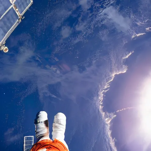 Image similar to an astronaut standing on the ISS floating above earth, breathtaking, cinematic, dramatic lighting, volumetric, cinematic composition, awe inspiring