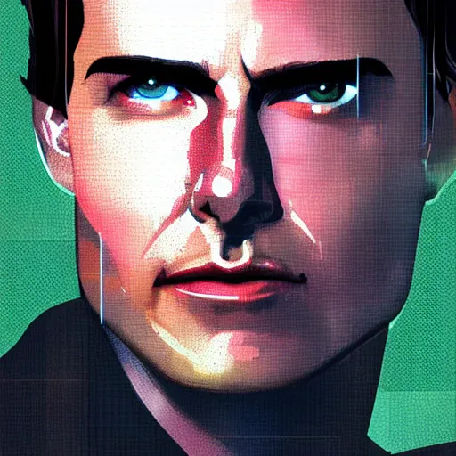 Image similar to cyberpunk tom cruise, sharp lines, digital, artstation, colored in