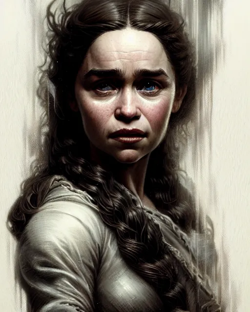 Image similar to emilia clarke, character portrait, portrait, close up, concept art, intricate details, highly detailed by greg rutkowski, michael whelan and gustave dore