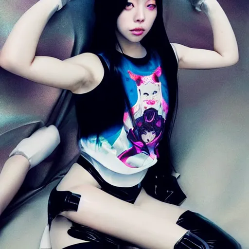 Image similar to a beautiful young korean kpop star billie eilish lucy liu alluring instagram model in elaborate latex tank top, jrpg tank top made from latex demon faces, by guweiz and wlop and ilya kuvshinov and artgerm and, aesthetic, gorgeous, stunning, alluring, attractive, artstation, deviantart, pinterest, digital art