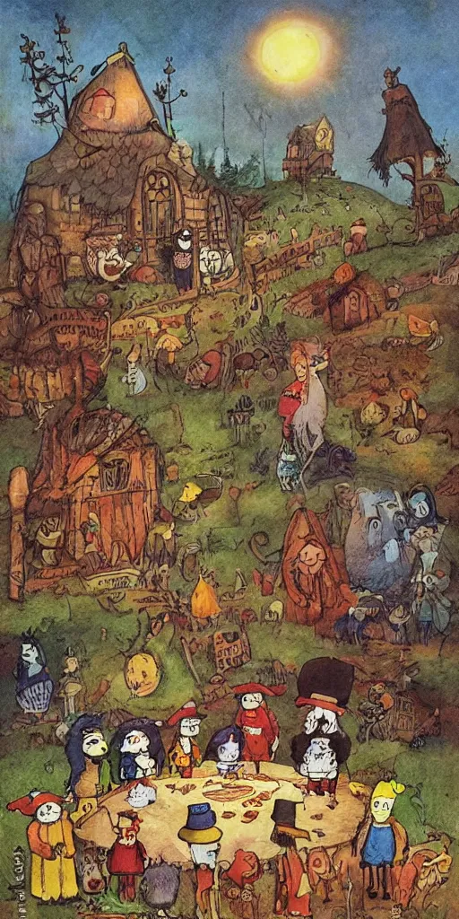 Prompt: a thanksgiving day scene with pilgrims and native americans by alexander jansson, joel fletcher, owen klatte, angie glocka, justin kohn, maurice sendak. thanksgiving day color palette.