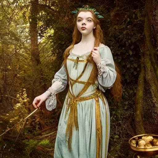 Image similar to a stunning pre - raphaelite portrait of anya taylor - joy as the capricious queen of elfland, aesthetic masterpiece, oil on canvas