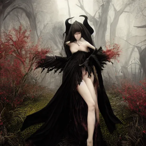 Prompt: hyperrealistic portrait of high detail yorha no. 2 type a as a vampire witch in ornate black robe red swan feathers as the mistress in fear being chased by a terrific man with goat head in a garden maze horror. by jeremy mann, fantasy art, photo realistic, dynamic lighting, artstation, poster, volumetric lighting, 4 k, award winning