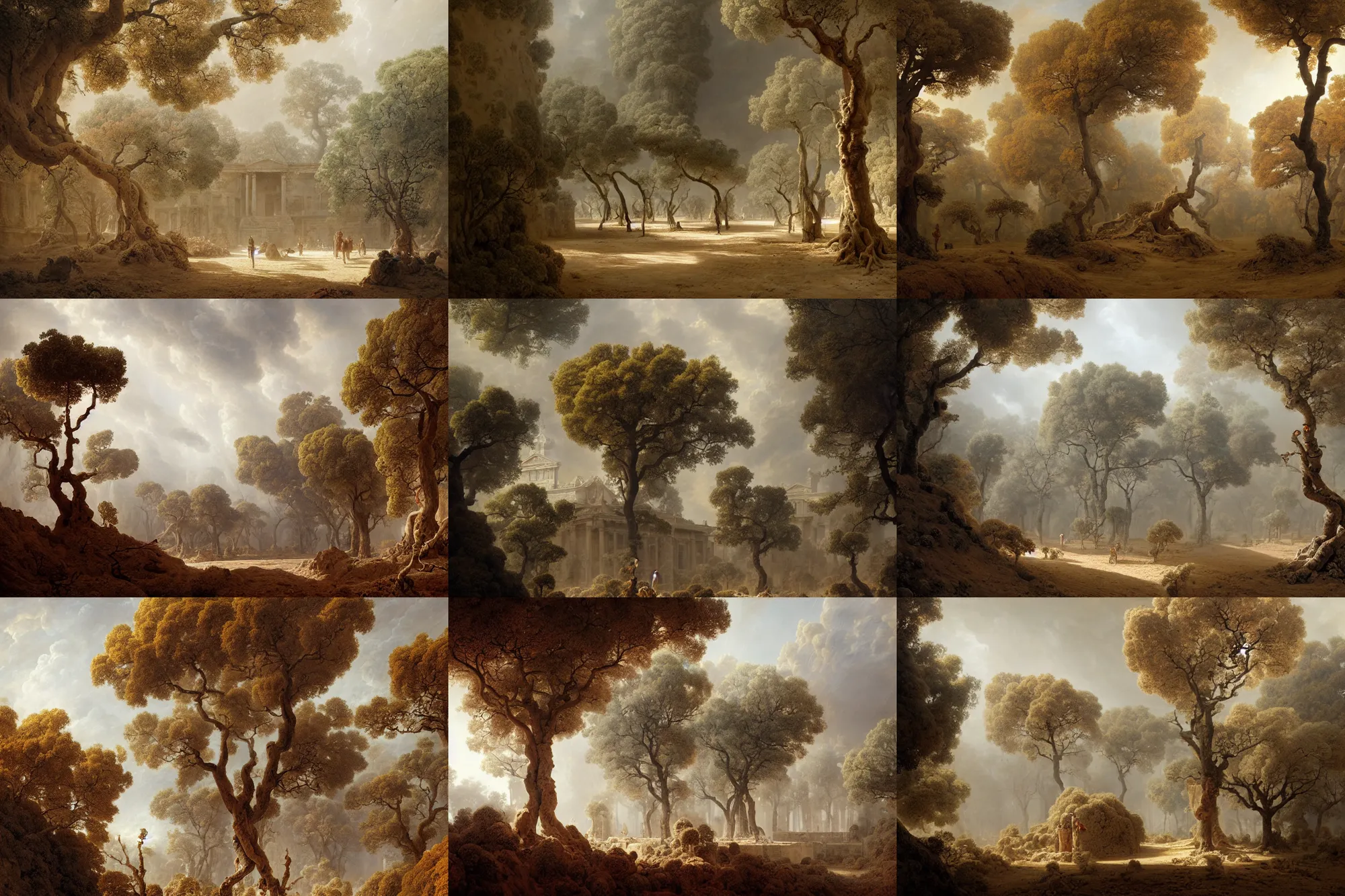 Prompt: colonial maze of dry trees around a large grey marble stone, raining ash, stoic, light dust, magnificent, hyperdetailed, theatrical, close up, masterpiece, painted by jean honore fragonard and greg rutkowski and rob alexander