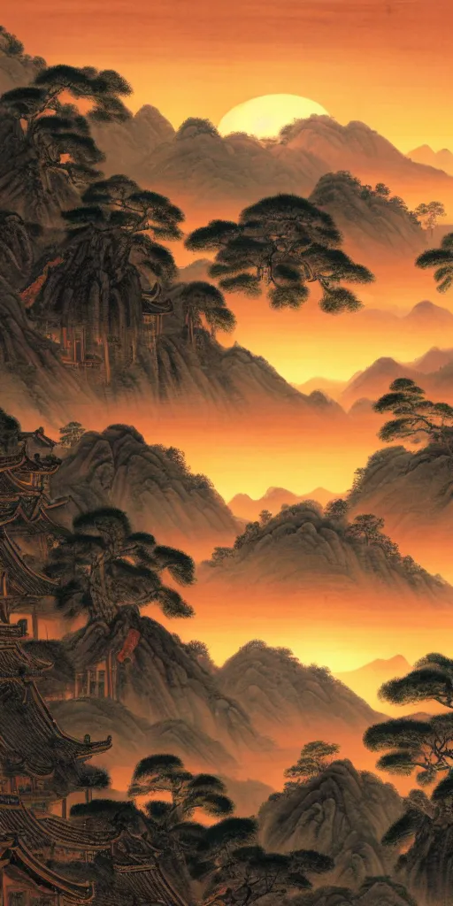 Image similar to the flaming sun up in the sky is scorching the dying trees and ruins in this ancient chinese landscape painting of hillsides detailed matte painting 8 k resolution