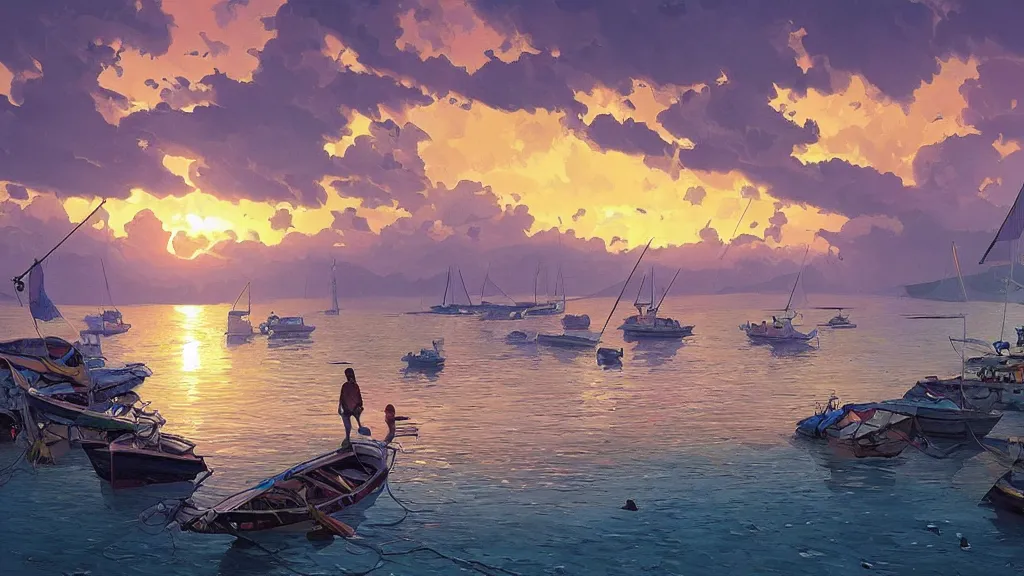 Image similar to sunset on caraibes, some boats, a few birds in the sky, sharp focus, illustration, paisible night lighting, incredible art by artgerm and greg rutkowski and alphonse mucha and simon stalenhag