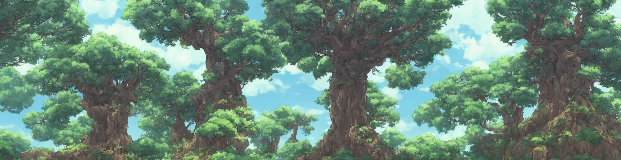 Prompt: a landscape of a single ancient oak tree, castle in the sky, animated, anime, illustrated, vibrant, overgrown, by studio ghibli, anime on artstation